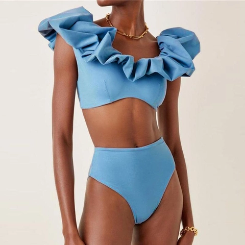 Damen Bikini Oberteil Und Hohe Taille Hose Badeanzug Schulterfrei Rüschen Blau Gepaart Strandmode