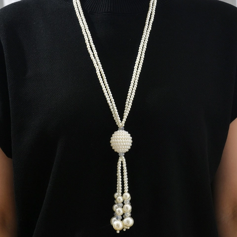 Elegant Long Faux Artificial Pearl Tassel Necklace For Women Double Layer Multi Strand Sweater Chain Geometric Pendant Jewelry