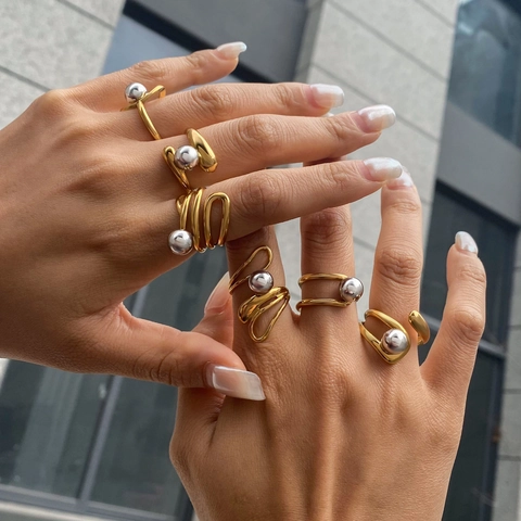 Verstellbarer Ring aus Edelstahl Gold Silber Kontrast Metallkugel Geometrischer Offener Fingerschmuck für Damen