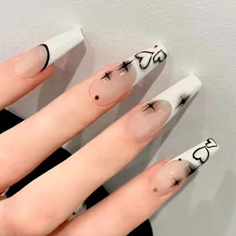 Uñas Postizas Press On Largas Coffin Estilo Francés Patrones Corazón Estrella Acabado Brillante Arte De Manicura