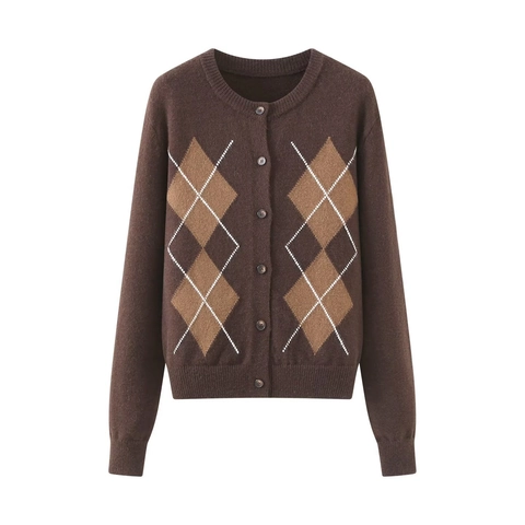 Cardigan In Maglia Retrò Con Motivo A Rombi Girocollo Maniche Lunghe Con Bottoni Maglione Caffè Vintage