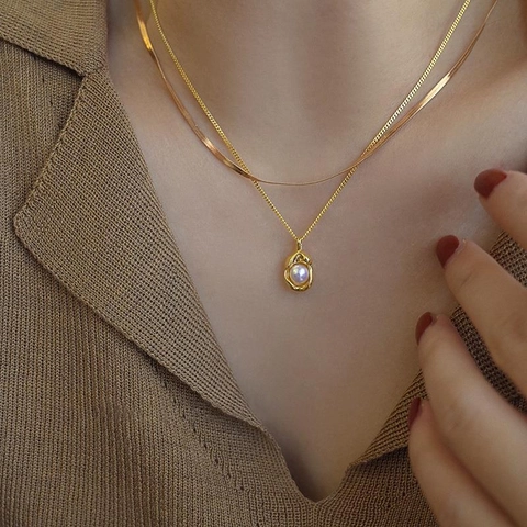 Collana Con Ciondolo Arachide Perla Artificial Retrò Francese Acciaio Inossidabile Placcato Oro Catena Doppio Strato