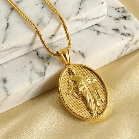 Religiöse Relief Anhänger Halskette 18K Vergoldet Edelstahl Oval 3D Jesus Figur Retro Schmuck Box Kette