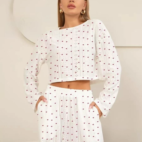 Women Loungewear Pajama Top And Trousers Polyester Spandex Hollow Pointelle Eyelet Crew Neck Long Sleeve Heart Bear Floral