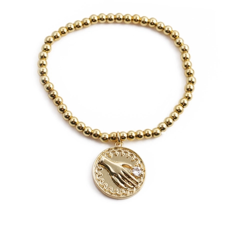 Gold Plated Copper Beaded Bracelet Hamsa Hand Moon Star Charm Elastic Bangle With Cubic Zirconia Mystical Jewelry For Women