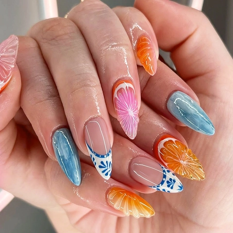Uñas Postizas A Presión Relieve 3D Fruta Concha Estilo Océano Uñas Artificiales Para Mujer Manicura Brillante Playa De Verano