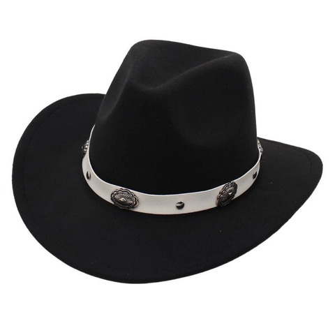 Western Cowboy Hat Wool Felt Wide Brim Fedora Ethnic Vintage Bohemian White Leather Band Metal Conchos Jazz Hat