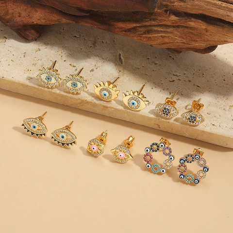 Boucles D Oreilles Evil Eye Cuivre Plaqué Or Zircon Coloré Émail Boho Amulette Protection Bijoux Pour Femmes Vintage