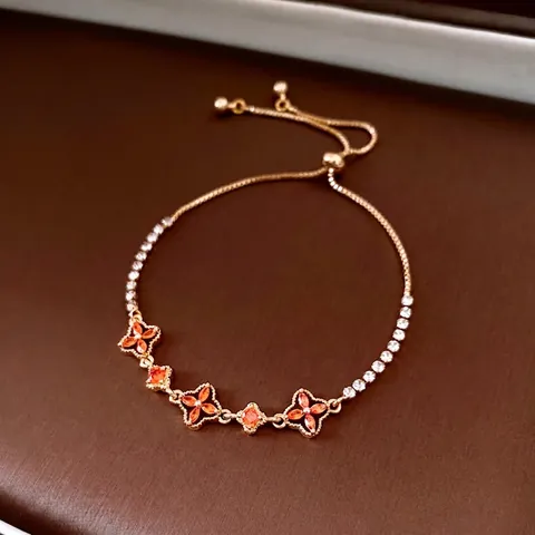 Vintage Flower Clover Adjustable Bolo Bracelet Copper Gold Plated With Orange Cubic Zirconia Clear Rhinestones Luxury Jewelry For Women