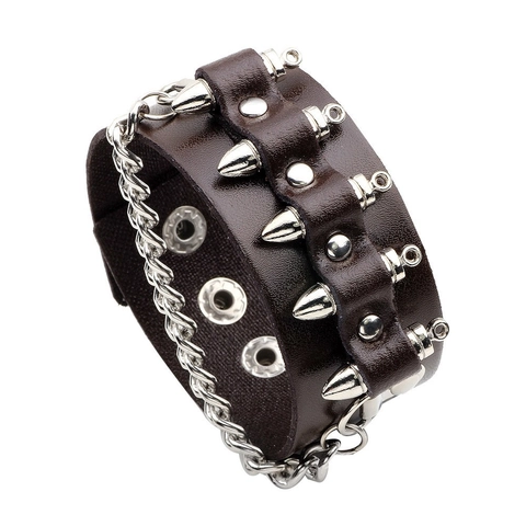 Pulsera De Cuero Ancha Punk Rock Para Hombre Con Remaches De Balas De Aleación Y Cadena De Metal Ajustable Gótica