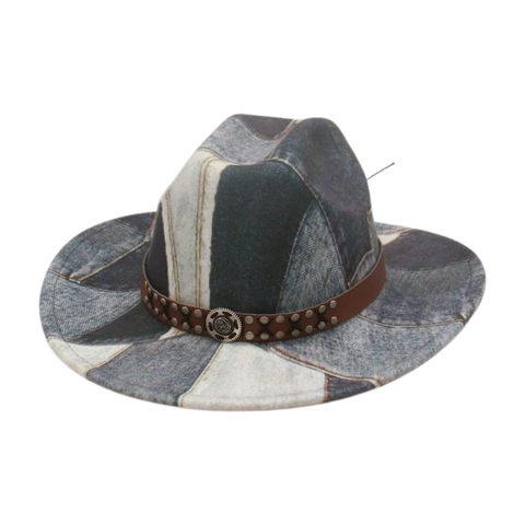 Cappello Da Cowboy Western Retro Denim Patchwork Tesa Larga Cotone Poliestere Cinturino Borchie Pelle PU Stile Vintage