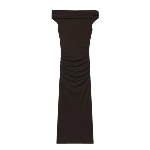 Elegantes Schulterfreies Gerafftes Maxikleid Für Damen Eng Anliegendes Elastisches Langes Kleid Mit Goldknöpfen