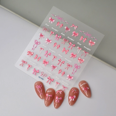 Autocollants Ongles 5D Relief Nœud Rose Ruban Strass Auto-Adhésifs Décoratifs Manucure Décalcomanies Pour Femmes