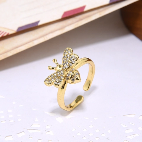 Vintage 18K Vergoldeter Kupfer Biene Offener Ring Mit Zirkonia Eingelegt Verstellbarer Tier Fingerschmuck Für Damen Geschenk