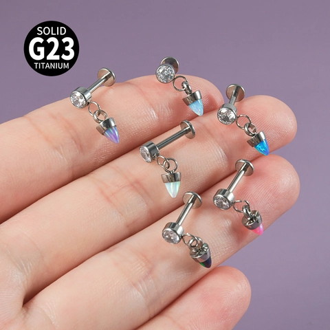 Solid G23 Titanium Internal Thread Lip Stud Rhinestone Inlaid Artificial Opal Spike Dangle Piercing Ear Cartilage Jewelry