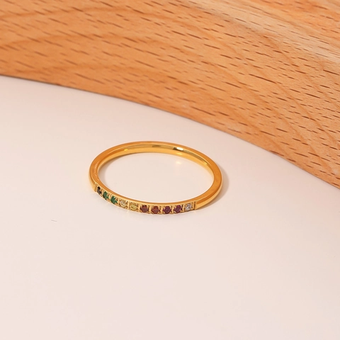 Stainless Steel Ring With Multi Color Cubic Zirconia 18K Gold Plated Rainbow Minimalist Niche Design Jewelry For Women