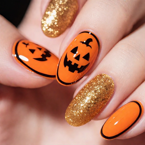 Halloween Press On Nails Kort Ovaal Oranje Pompoen Gezicht Goud Glitter ABS Kunststof Kunstnagels Voor Dames
