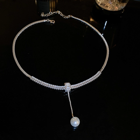 Elegante Collar De Cobre En Forma De Y Con Circonita Cuadrada Y Colgante De Perla Artificial Blanca Cadena De Clavícula Para Mujer