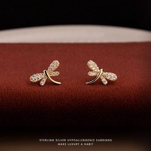 Dragonfly Stud Earrings With 925 Sterling Silver Earring Post 18K Gold Plated Zircon Elegant Ins Style For Women