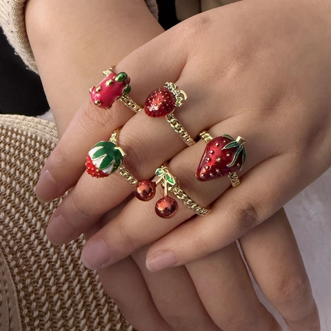 Anelli Aperti Frutta Rame Smalto Fragola Ciliegia Regolabile Moda Gioielli Dolci Per Donne Accessori Per Mani Carini