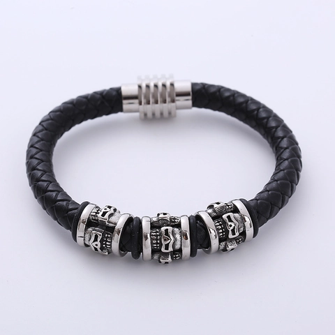 Men Braided Leather Bracelet With 316L Stainless Steel Skull Beads Magnetic Clasp Punk Gothic Style Jewelry Gift