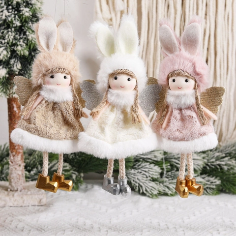 Christmas Angel Plush Doll Hanging Ornament Rabbit Ears Lace Dress Sequin Wings Glitter Boots Holiday Tree Decoration