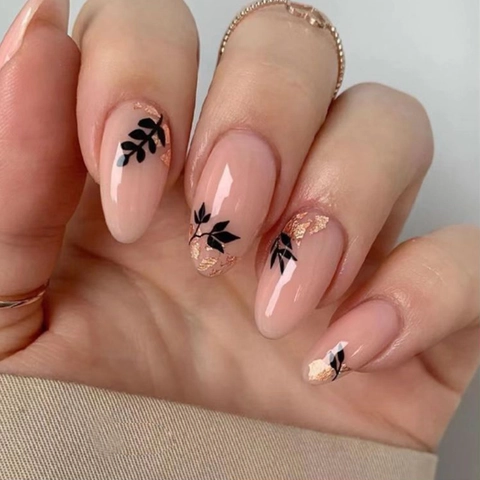 Almond Press On Nails Nude Pink With Black Leaf Pattern And Gold Foil Elegant Minimalist For Women