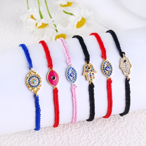 Handmade Woven Evil Eye Hamsa Hand Bracelet For Women Men Gold Plated Copper Protection Amulet Adjustable Rope Jewelry