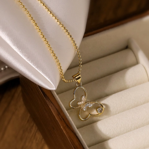 Butterfly Necklace And Earrings For Women Gold Plated Copper Zircon Hollow Animal Pendant Fashion Jewelry Accessories