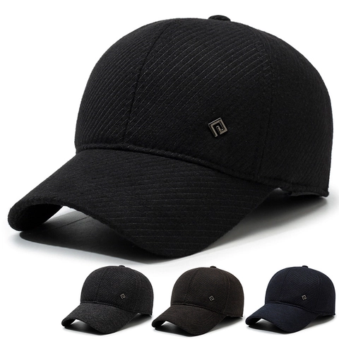 Men's Winter Baseball Cap With Ear Flaps Thickened Warm Woolen Twill Outdoor Windproof Hat Casual Solid Color