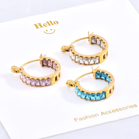 French INS Style 18K Gold Plated Titanium Steel Hoop Earrings With Rectangular Zirconia Inlay Elegant Geometric Jewelry Women