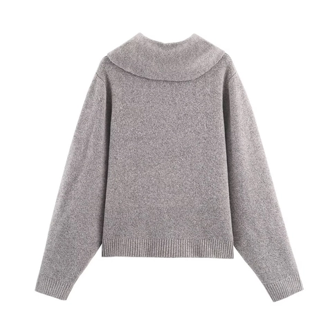 Damen Strickjacke Schalkragen Wollmischung Geknöpft Langarm Meliert Grau Rippstrick Saum Pullover Jacke