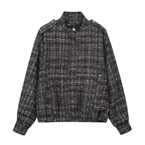 Dames Tweed Jas Geruit Metaaldraad Opstaande Kraag Drukknopen Britse Stijl Lange Mouwen Bovenkleding