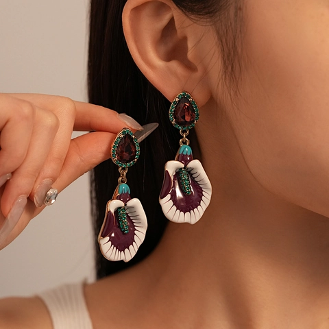 Vintage Flower Dangle Earrings Alloy Enamel Rhinestone With 925 Sterling Silver Earring Post Retro Court Style Jewelry For Women