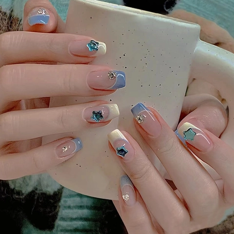 French Style Blue Star Press On Nails Sparkly Rhinestone Long Square Round Artificial Fake Finger Nails For Women