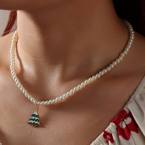 Collier Künstliche Perles De Noël Alliage Émail Arbre De Noël Flocon De Neige Cloche Pendentif Bijoux De Fête Femmes Filles