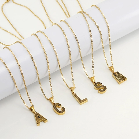 Stainless Steel Initial Necklace 18K Gold Plated Uppercase Letter Pendant With Black Textured Pattern Geometric Jewelry