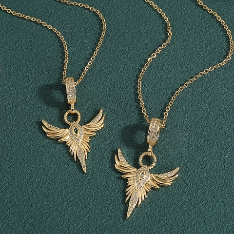 Elegante Collana Con Ciondolo Ad Ala Da Donna Rame Placcato Oro Design Fenice Zircone Gemma Verde Gioielli