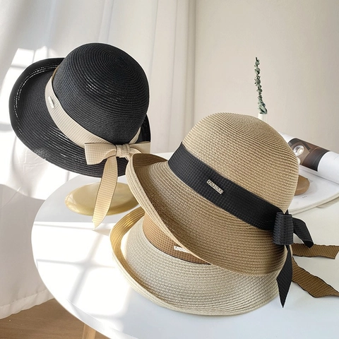 Women Woven Straw Bucket Hat With Bow Ribbon Breathable Summer Beach Sun Hat Elegant Foldable Sunshade