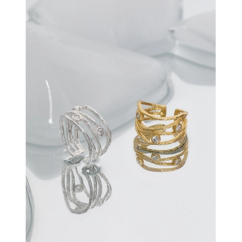 Anillo Abierto Ajustable De Plata De Ley 925 Para Mujer Con Circonitas Textura De Línea Diseño Multicapa Joyería