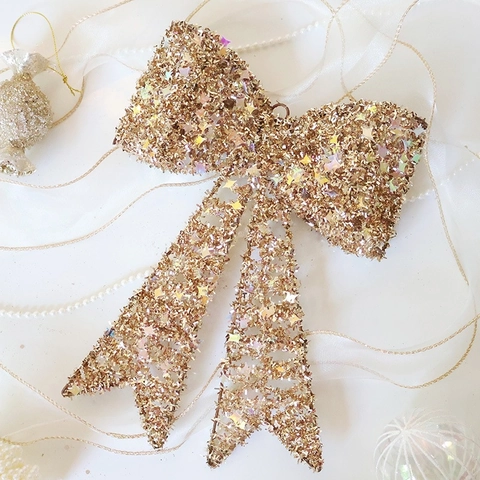 Large Stereoscopic Iron Christmas Bowknot Hanging Ornament Shiny Champagne Gold Sequin Star Glitter Festive Tree Decor