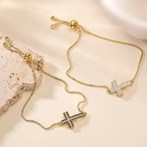 Cross Pendant Bracelet Copper 18K Gold Plated Zircon Adjustable Box Chain Fashion Jewelry For Women