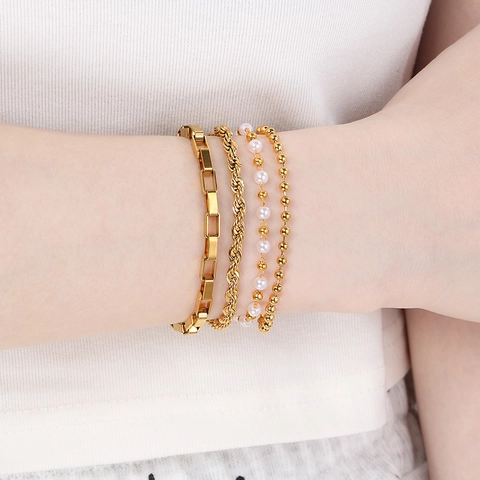 Stainless Steel Twisted Rope Chain Bracelet With Faux Artificial Pearl Geometric Square Link Jewelry For Women Gold Plated