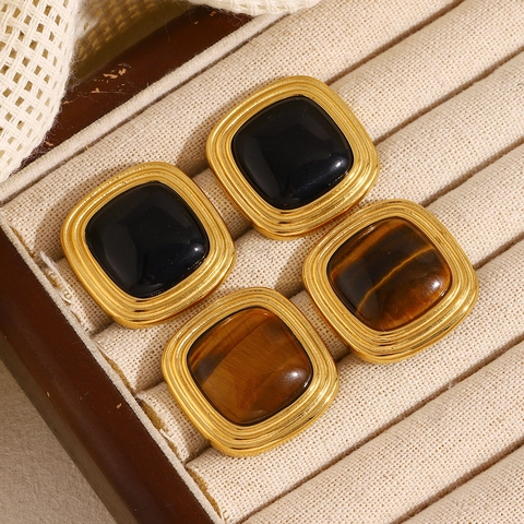 Vintage Square Geometric Stud Earrings For Women Stainless Steel 18K Gold Plated With Tiger Eye Stone And Black Inlay