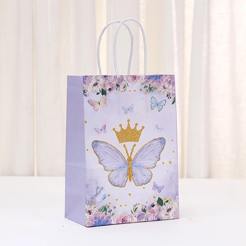 Butterfly Crown Paper Gift Bags Floral Print Handheld Bags For Party Candy Wedding Favors Shopping Macaron Color