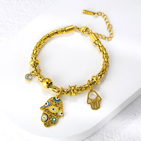 18K Gold Plated Stainless Steel Hamsa Hand Evil Eye Enamel Necklace Bracelet And Earrings Jewelry For Women