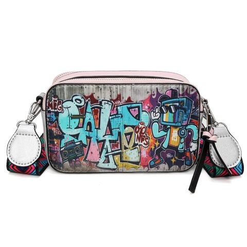 Trendy Graffiti Print PU Leather Camera Bag Women Street Fashion Wide Strap Crossbody Bag Small Square Shoulder Bag Casual Daily Handbag