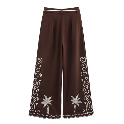 Dames Broek Met Hoge Taille En Wijde Pijpen Polyester Borduurwerk Palmboom Etnische Resortstijl Koordriem Bruin