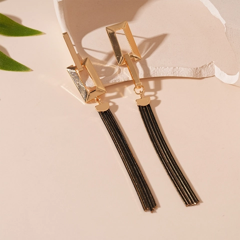 Geometric Rectangular Asymmetric Tassel Earrings With Silver Earring Post Copper Metal Elegant Jewelry For Women