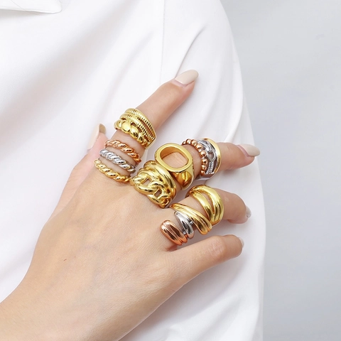 Großer Edelstahlring 18K Vergoldet Geometrisch Unregelmäßig Französischer Stil Mode Statement Schmuck Für Damen